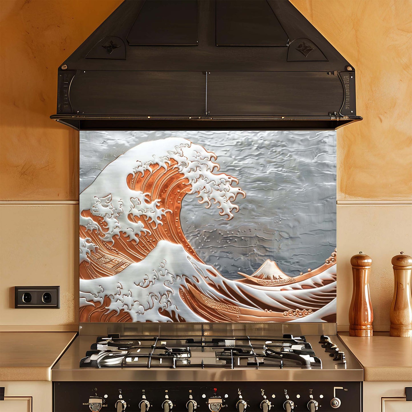 Kitchen stove with a decorative glass backsplash featuring a wave design.