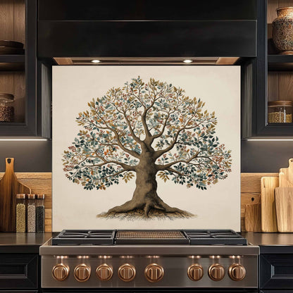 Decorative glass backsplash of a tree on a kitchen wall above a stove.