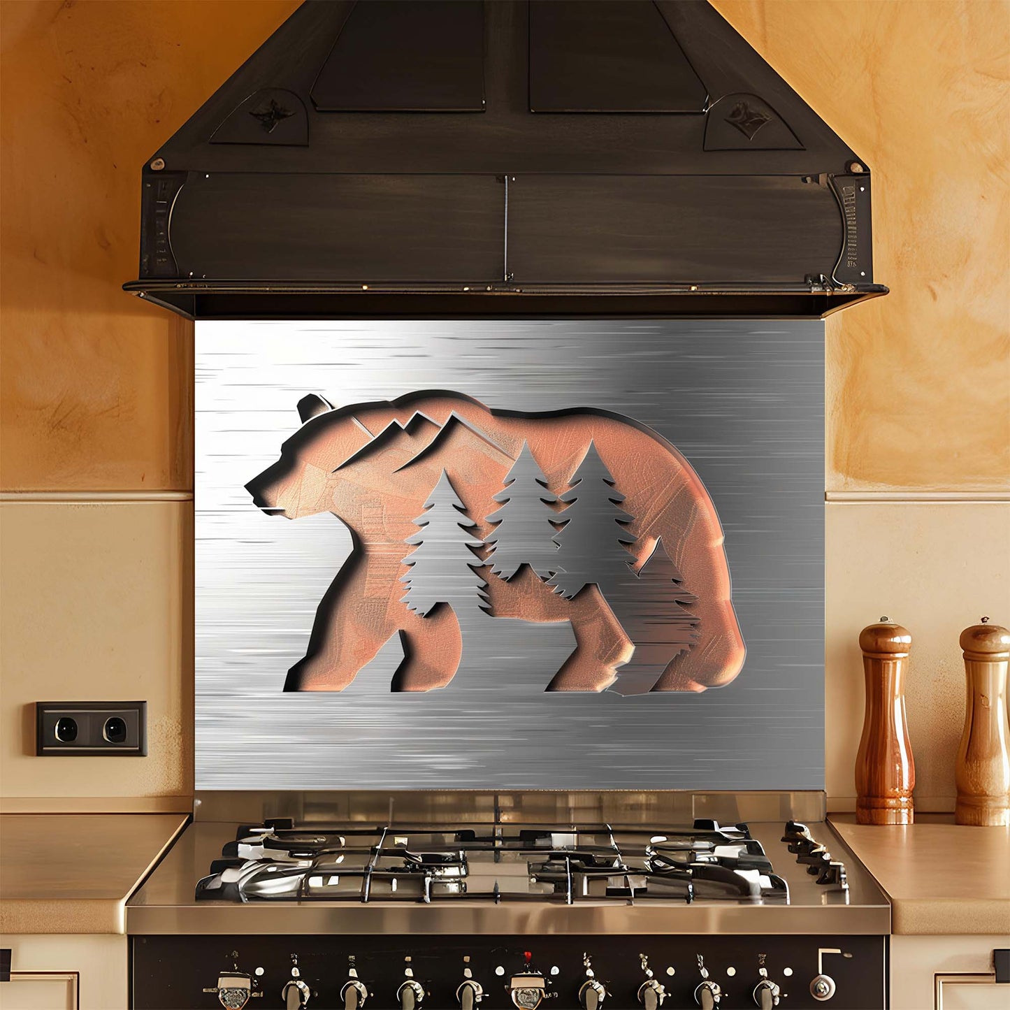 Stainless steel look glass backsplash with bear and tree design above a stove in a kitchen.