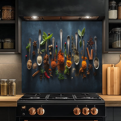 Kitchen with a decorative backsplash of spices and herbs, featuring a stove and shelves with jars.