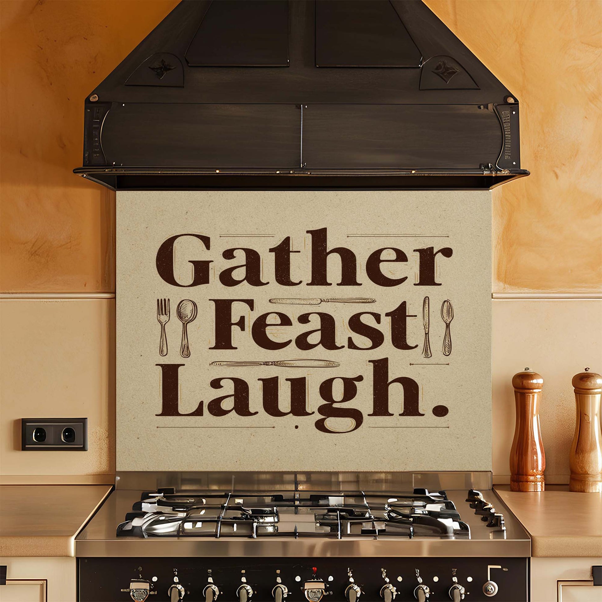 Kitchen stove with decorative glass backsplash featuring the text 'Gather Feast Laugh' and utensil illustrations.