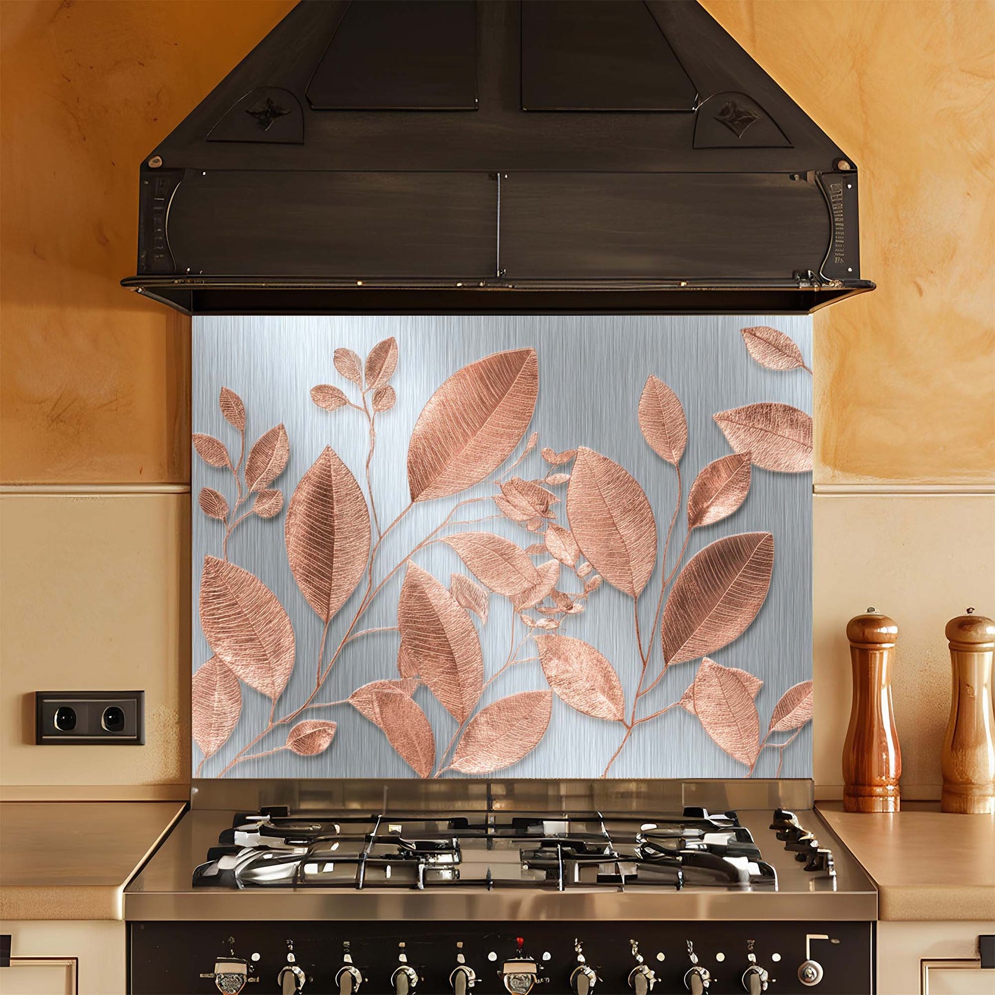 Rose Gold Leaves – Tempered Glass Backsplash for Kitchen – Botanical Kitchen Splashback