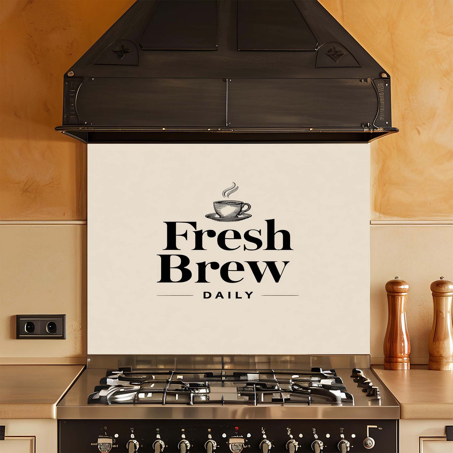 Kitchen with a stove and decorative glass backsplash featuring 'Fresh Brew Daily' text.