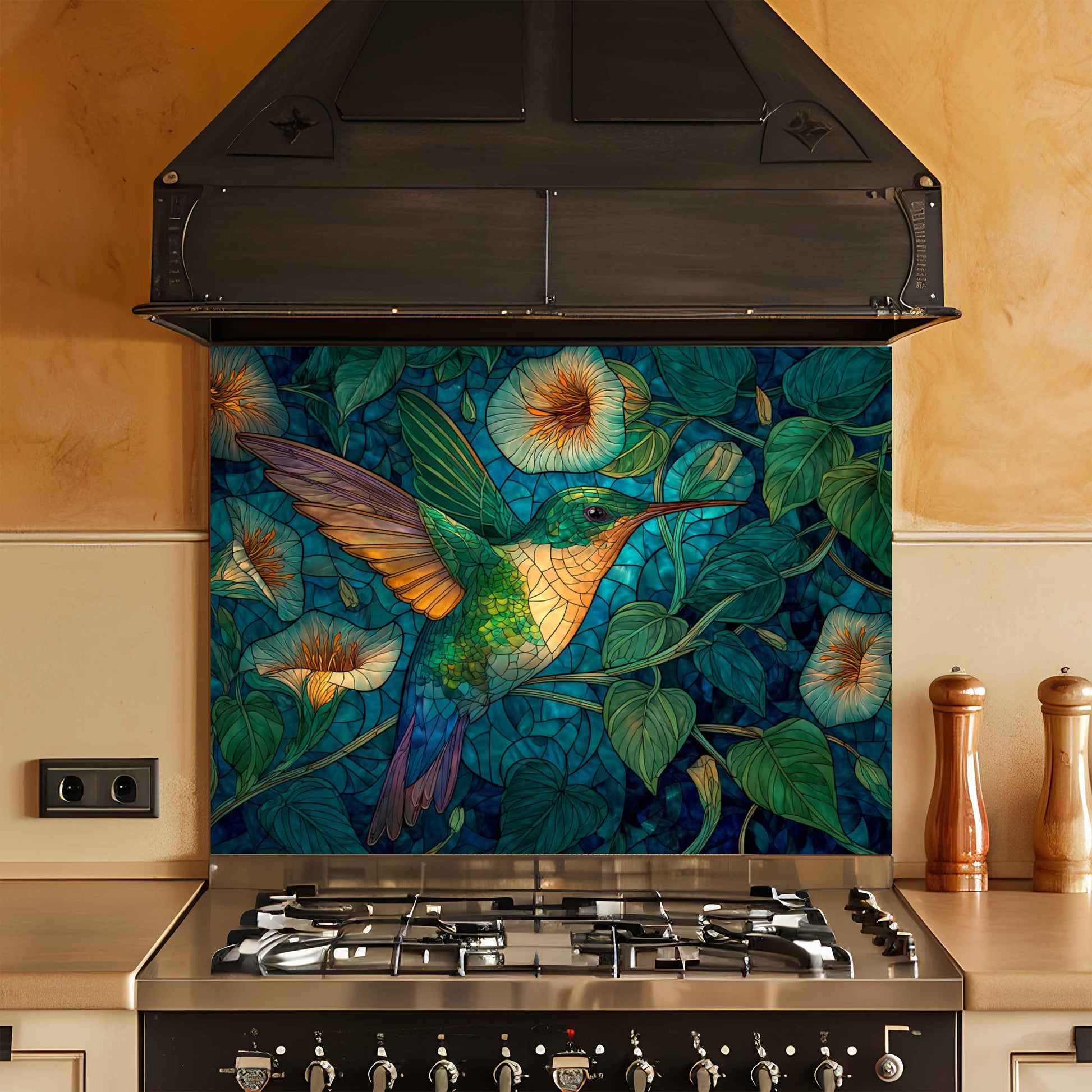 Stainless steel stove with a decorative glass panel featuring a hummingbird and floral design.