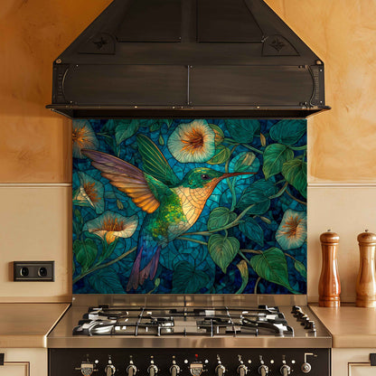 Stainless steel stove with a decorative glass panel featuring a hummingbird and floral design.