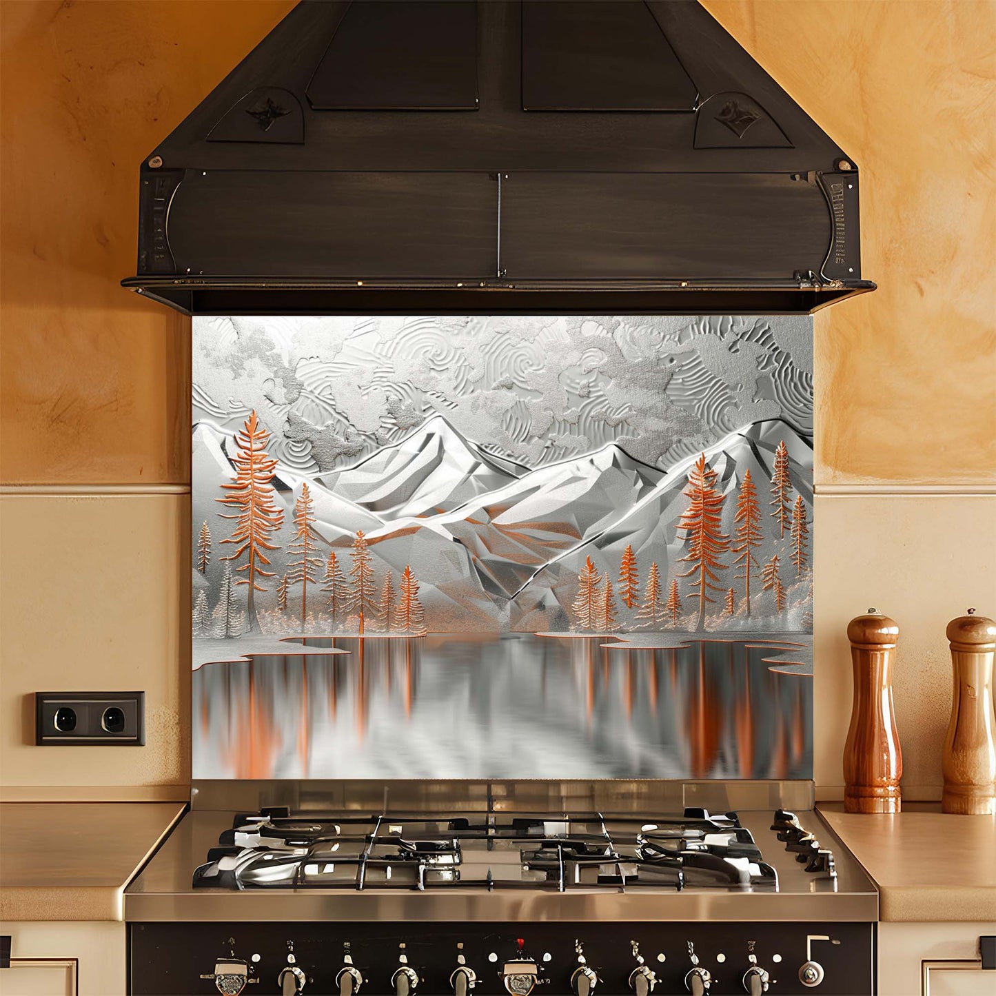 Silver Pines – Tempered Glass Backsplash for Kitchen – Mountain Forest Kitchen Splashback
