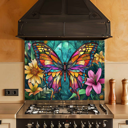 Colorful butterfly and floral design on a kitchen backsplash above a stove.