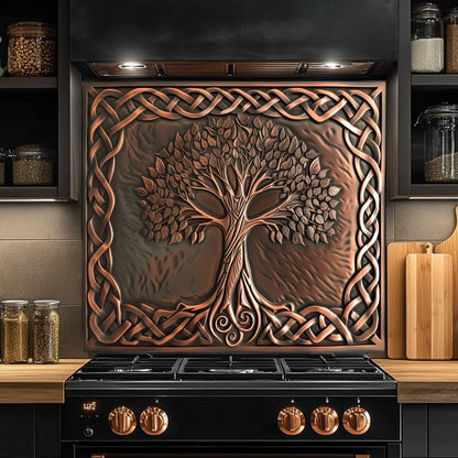 Custom tempered glass backsplash copper look tree of life