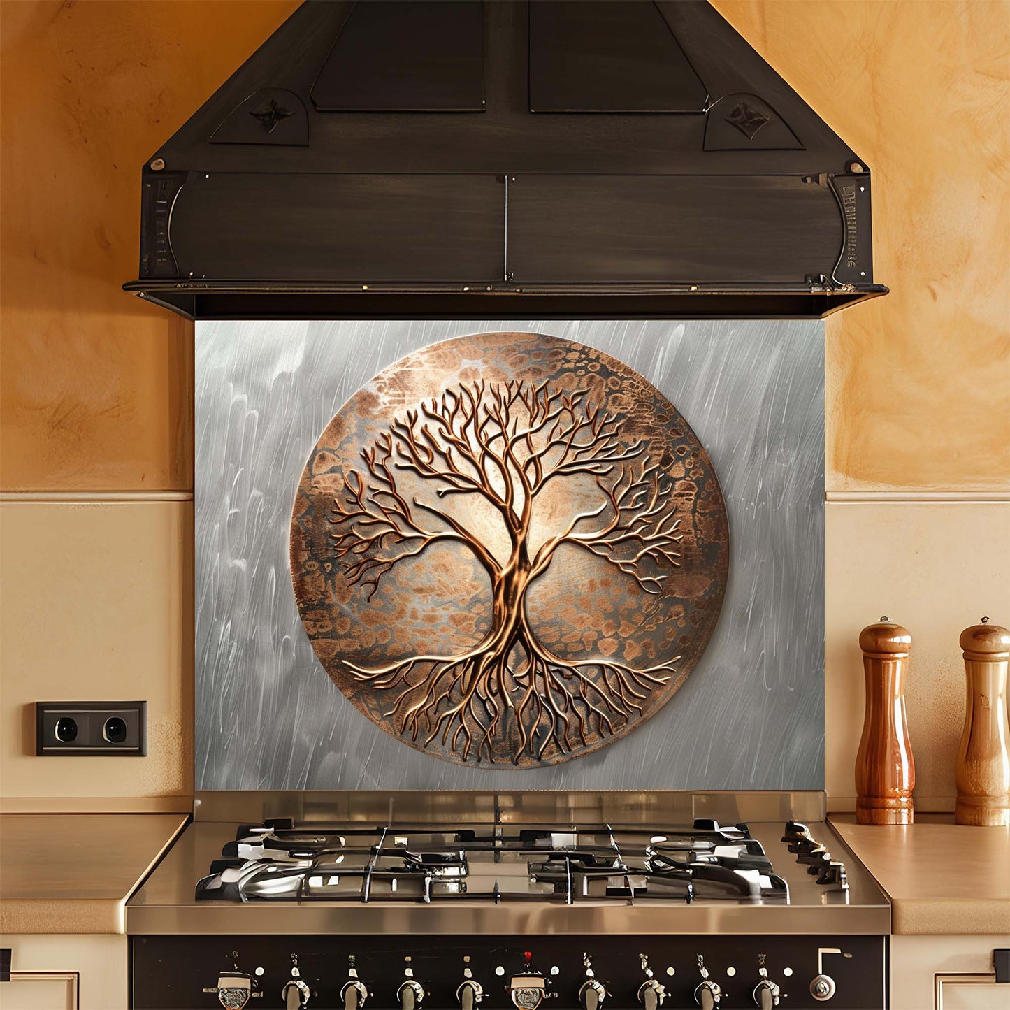Decorative glass backsplash with tree design above a stove in a kitchen.