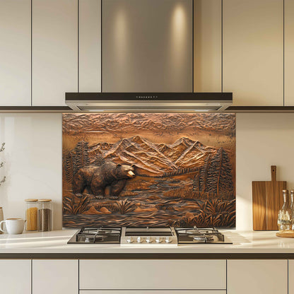 Decorative backsplash with bear and mountain design in a kitchen