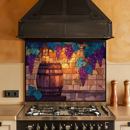 Stained glass panel with a barrel and grapes above a stove in a kitchen.