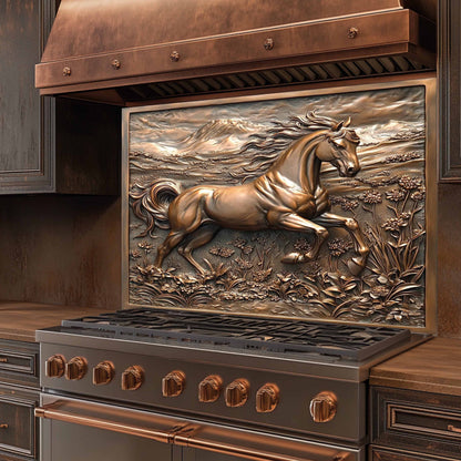 Decorative stove with a horse glass backsplash on the front