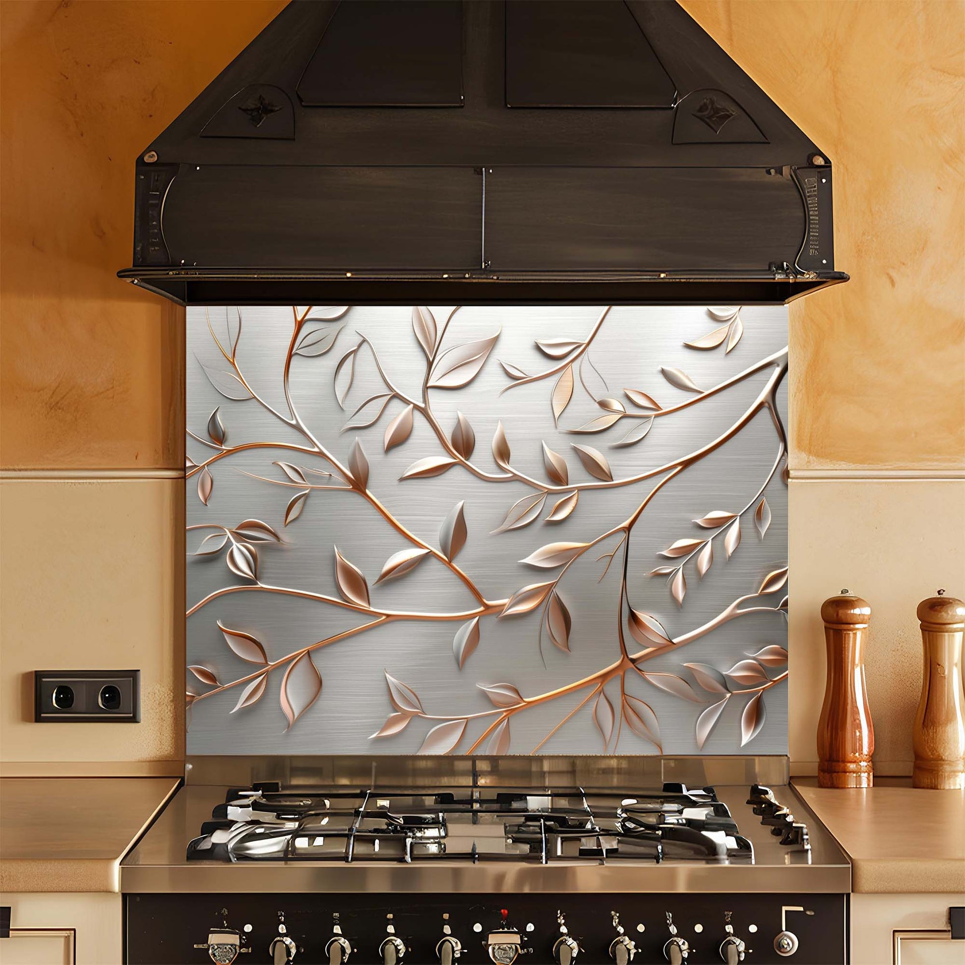 Stainless steel stove with decorative glass backsplash featuring leaf patterns in a kitchen setting.