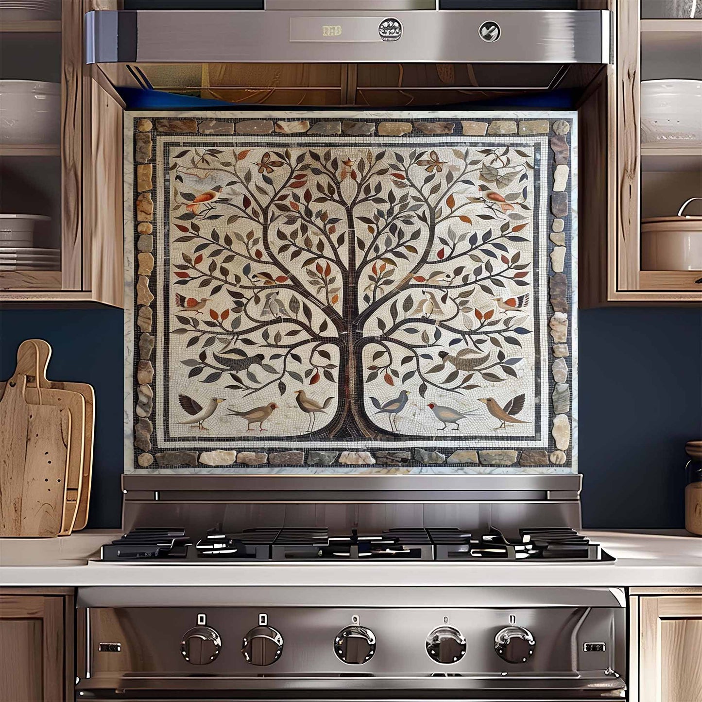 Stainless steel stove with decorative tile backsplash featuring a tree and birds in a kitchen setting.