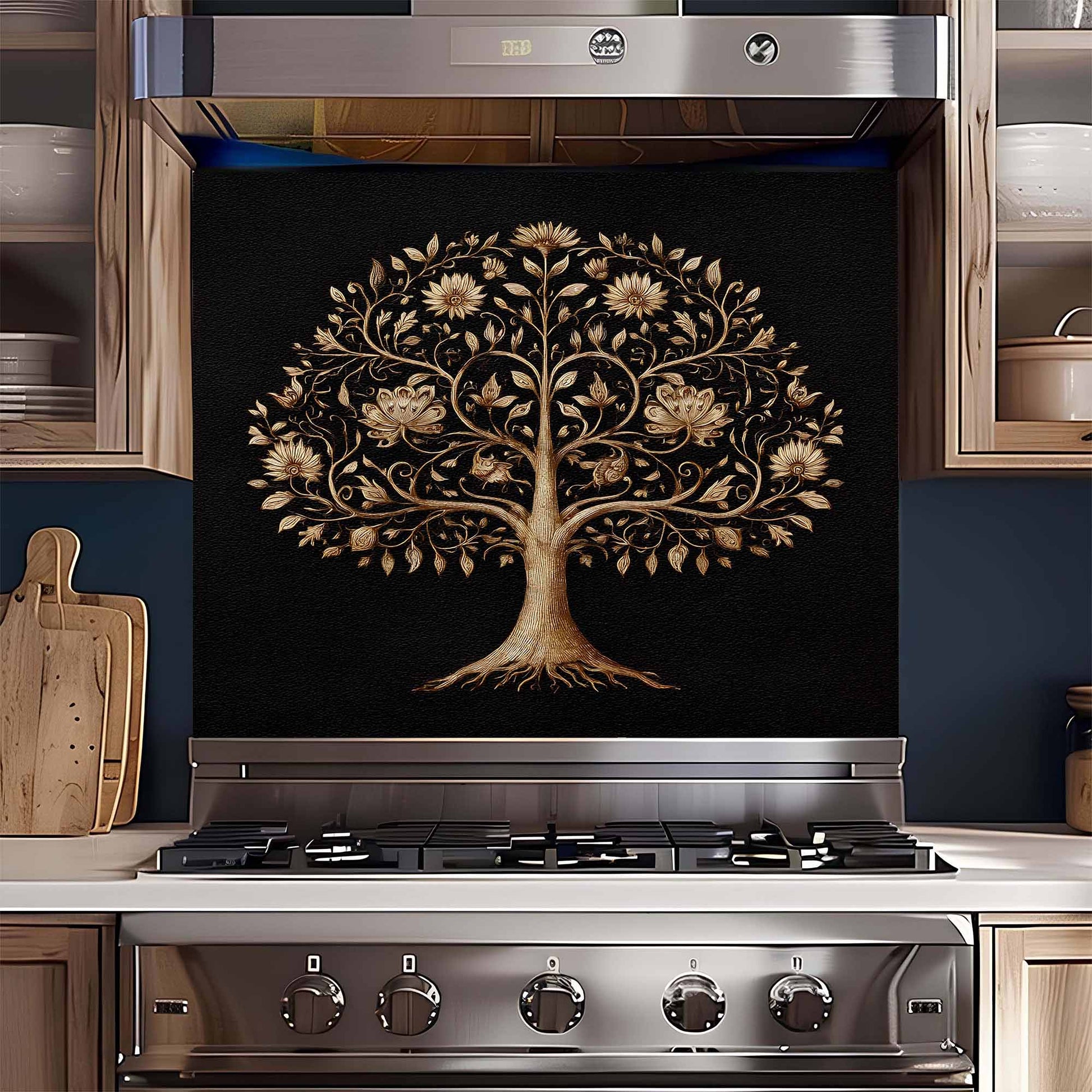 Stainless steel stove with decorative tree design on a black backsplash in a kitchen.