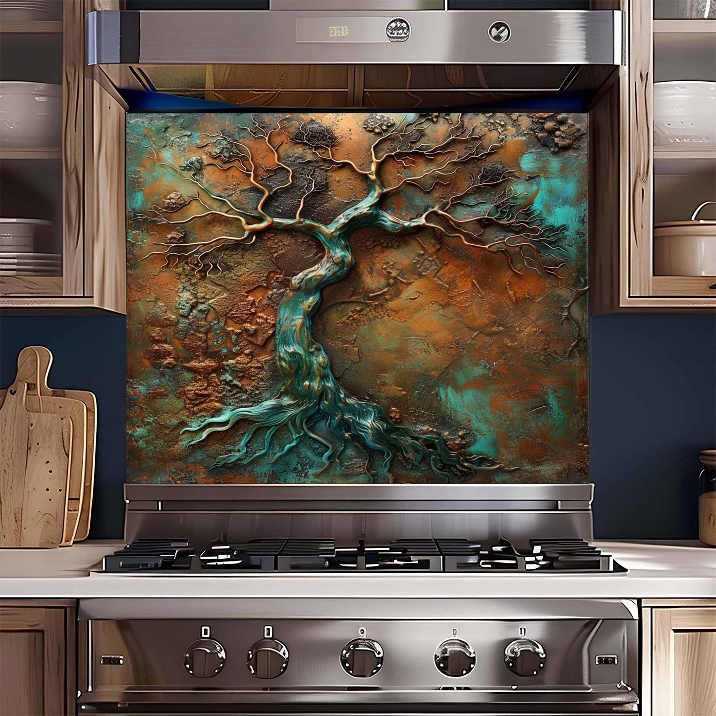 Stainless steel stove with decorative backsplash featuring a tree design in a kitchen setting.