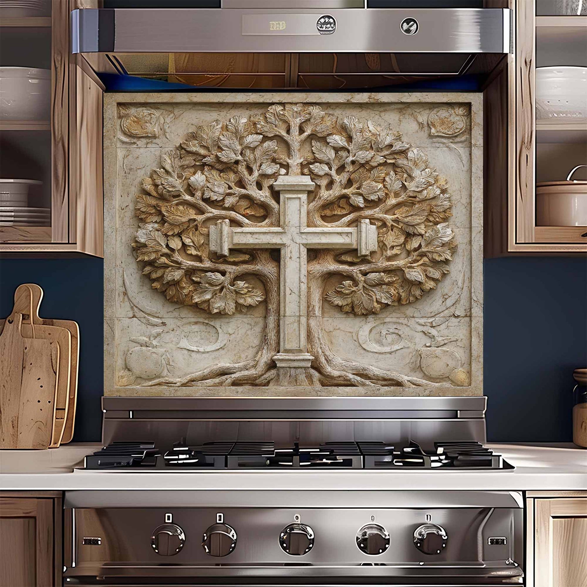 Stainless steel stove with decorative backsplash featuring a cross and tree design.