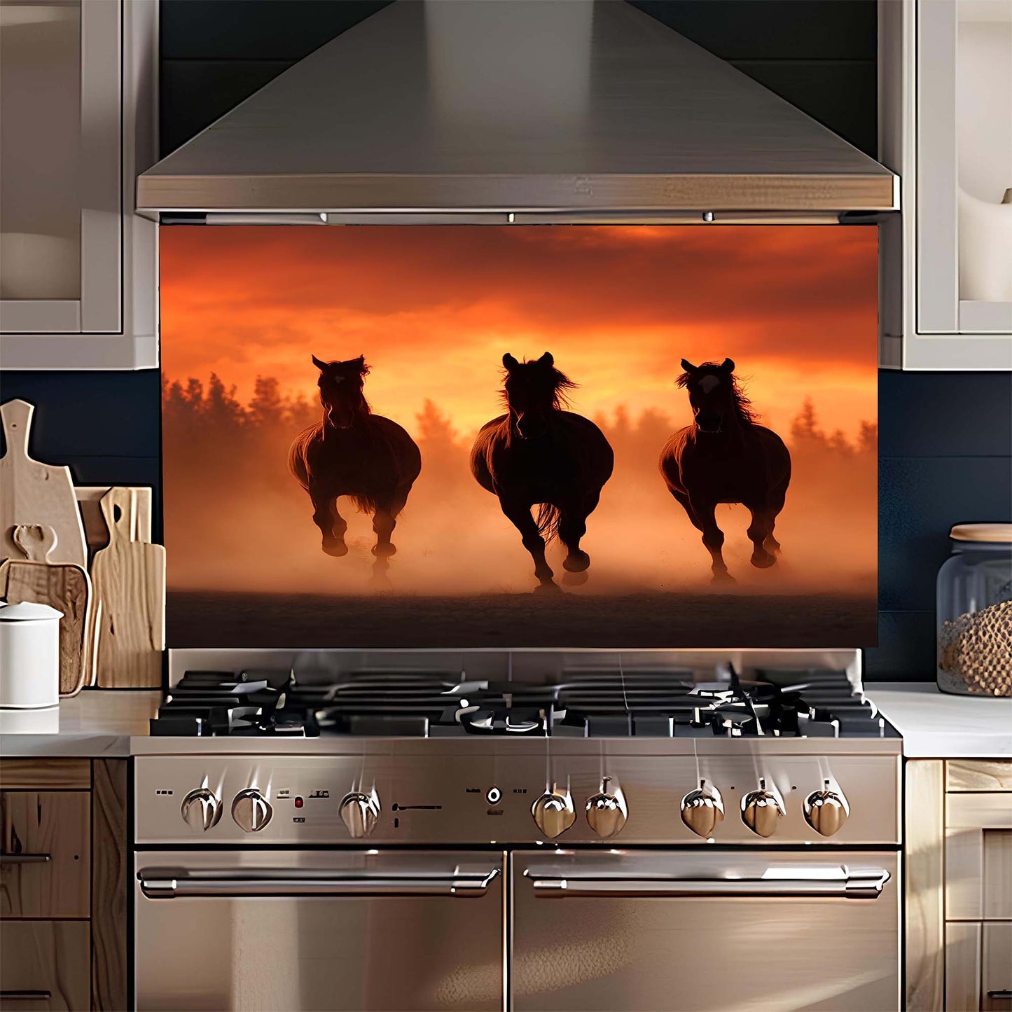 Stainless steel oven with a decorative backsplash of three horses running at sunset in a kitchen setting.