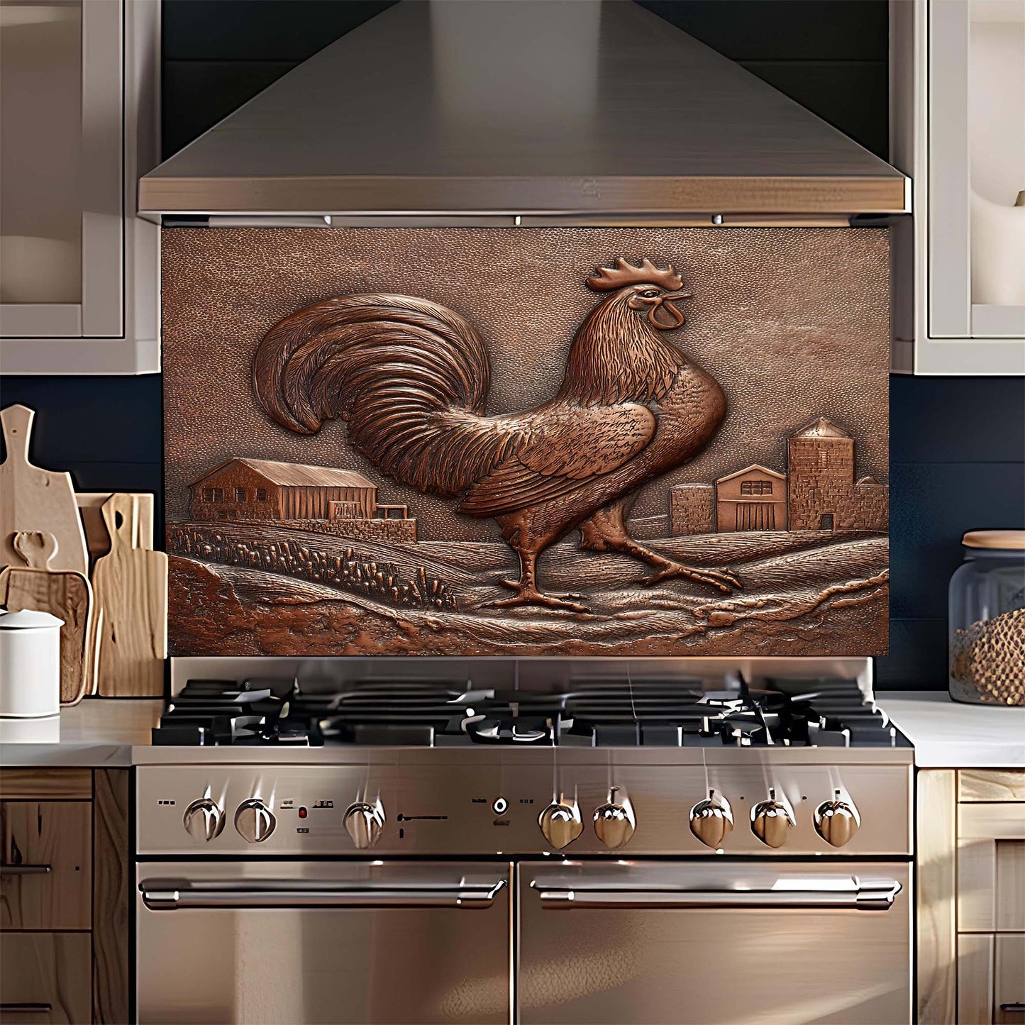 Stainless steel stove with decorative rooster design on the backsplash in a kitchen setting.