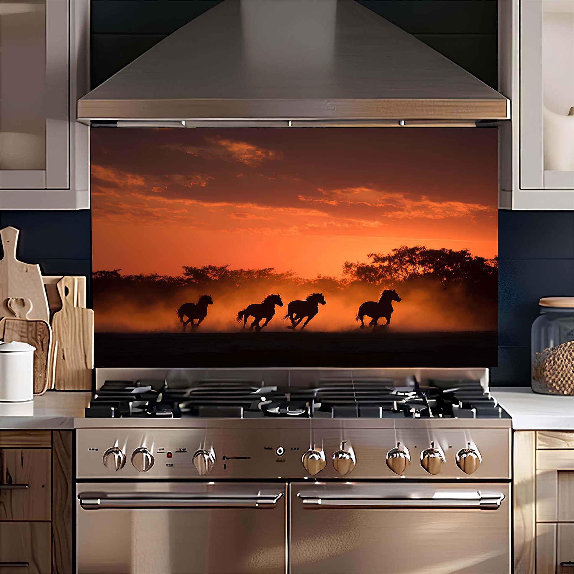 Stainless steel oven with a decorative backsplash of horses running at sunset in a kitchen setting.