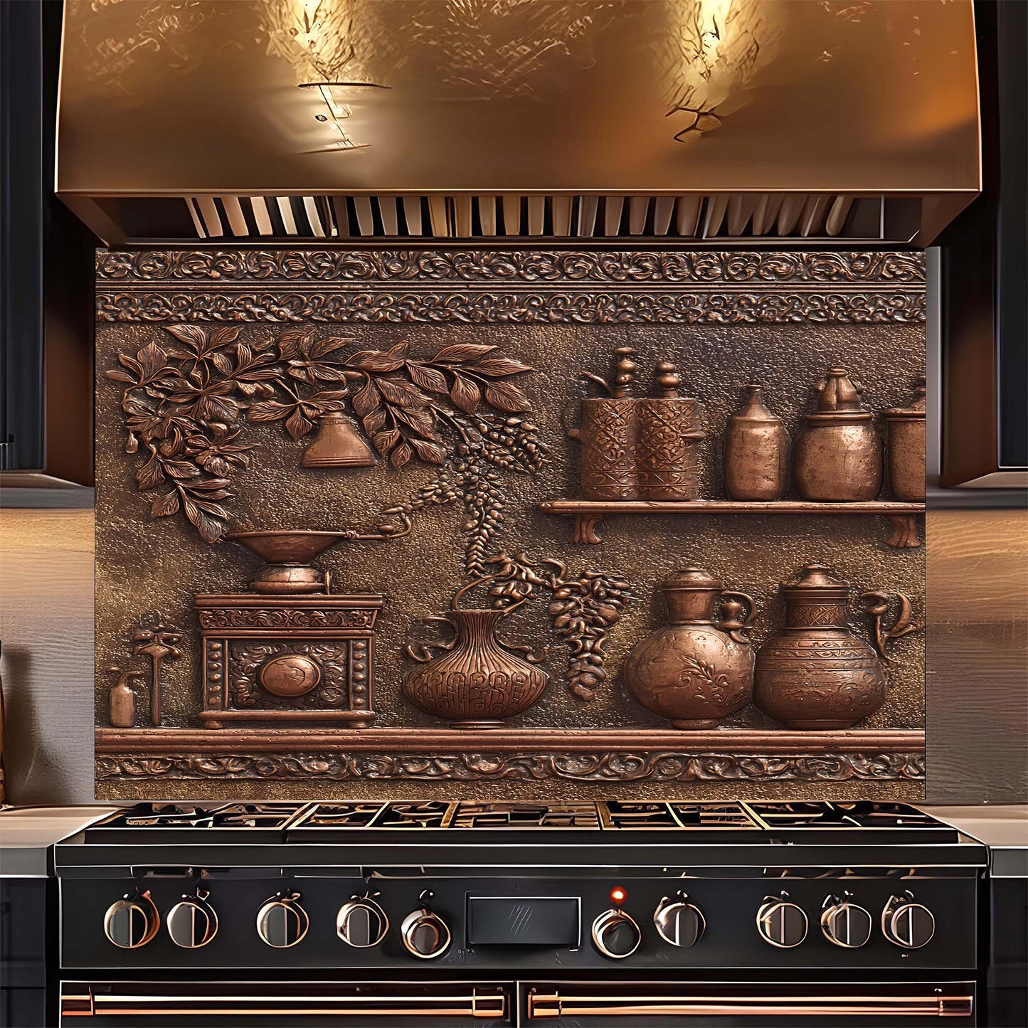 Decorative backsplash with embossed copper design above a stove