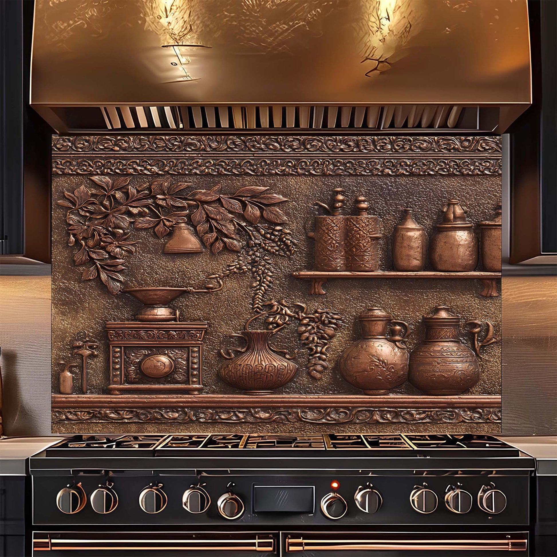 Decorative backsplash with embossed copper design above a stove