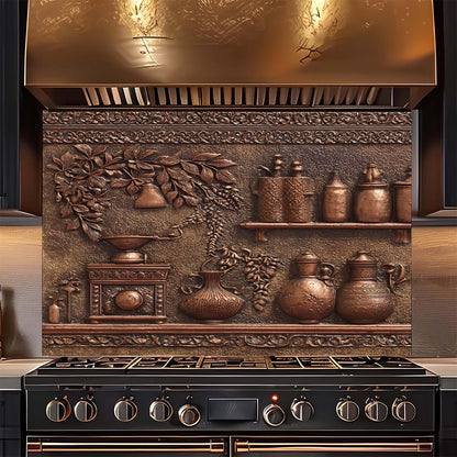 Decorative backsplash with embossed copper design above a stove