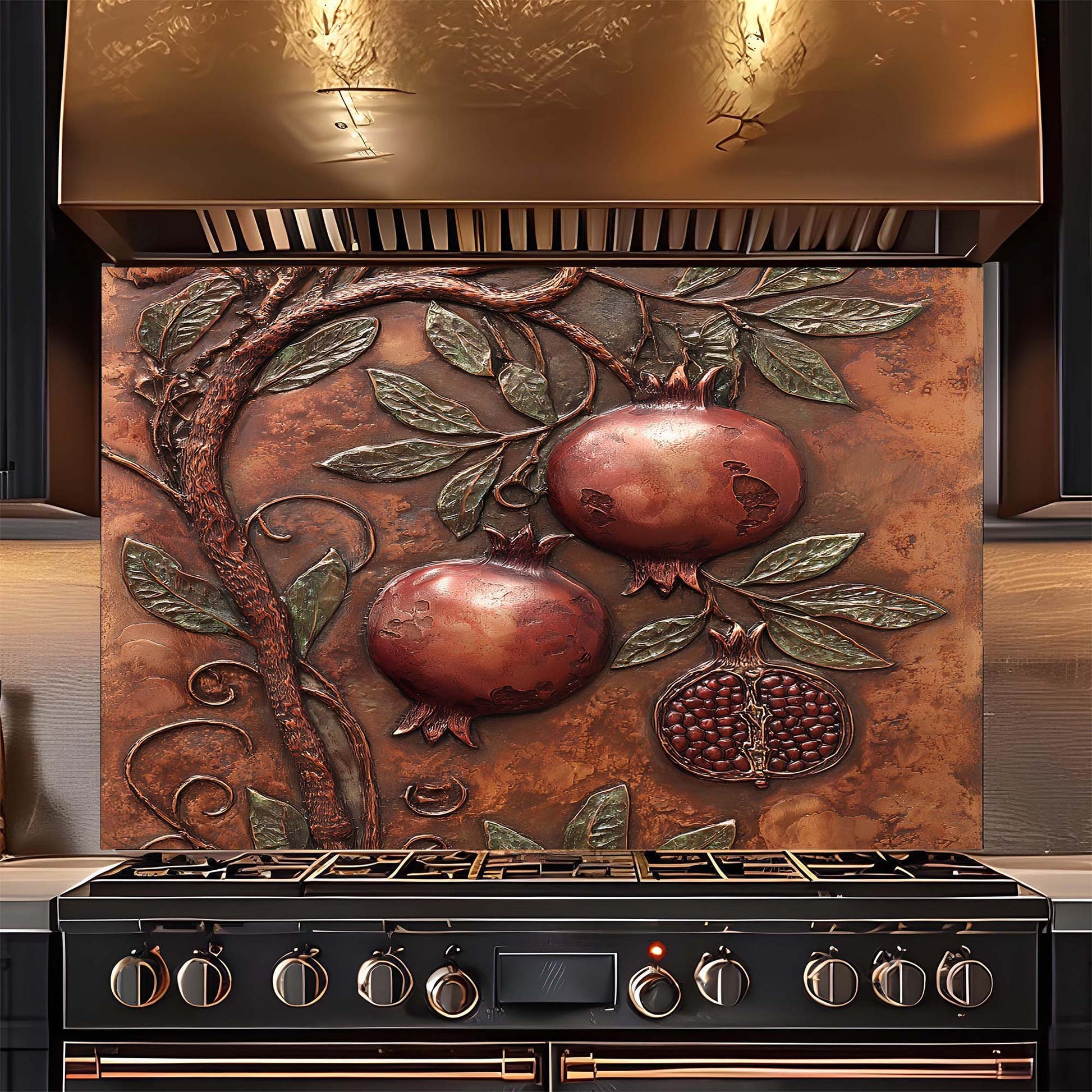 Decorative copper look glass backsplash with pomegranate design above a stove.