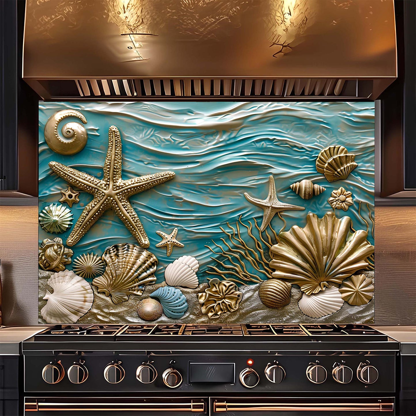 Stainless steel range hood with decorative seashell and starfish design on a blue background.