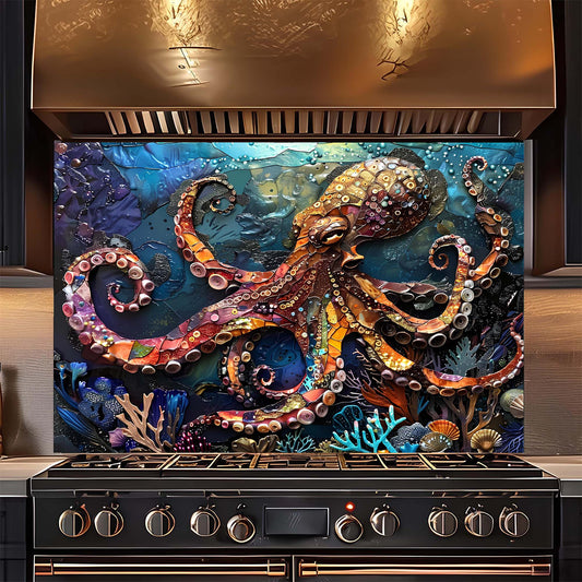 Stainless steel stove with a decorative backsplash featuring a colorful octopus design.