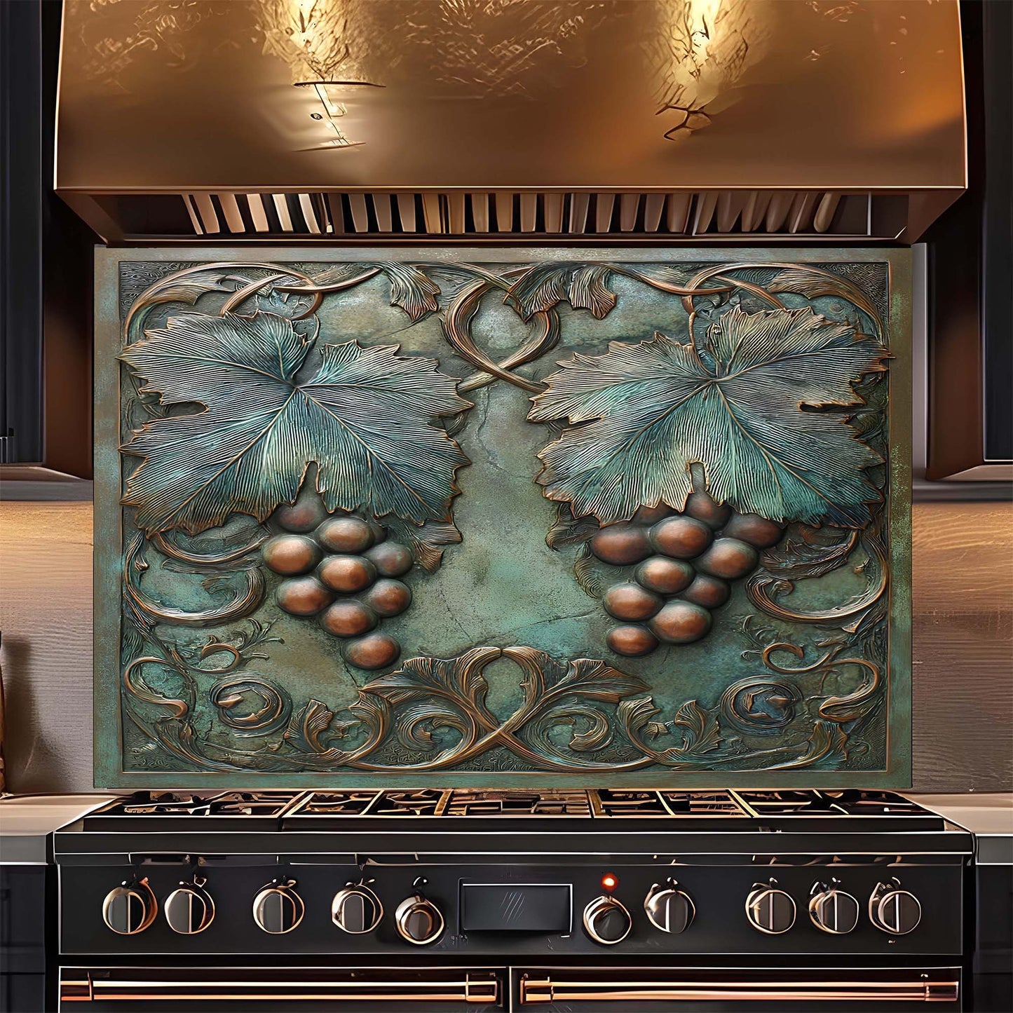 Decorative backsplash with grape design above a stove