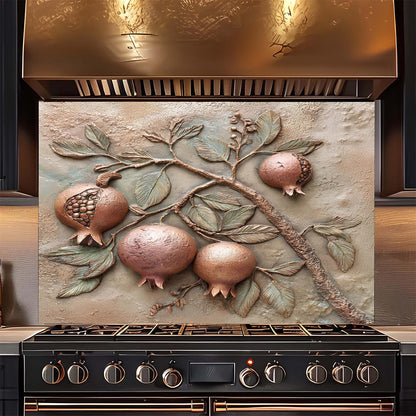 Decorative backsplash with pomegranate design above a stove