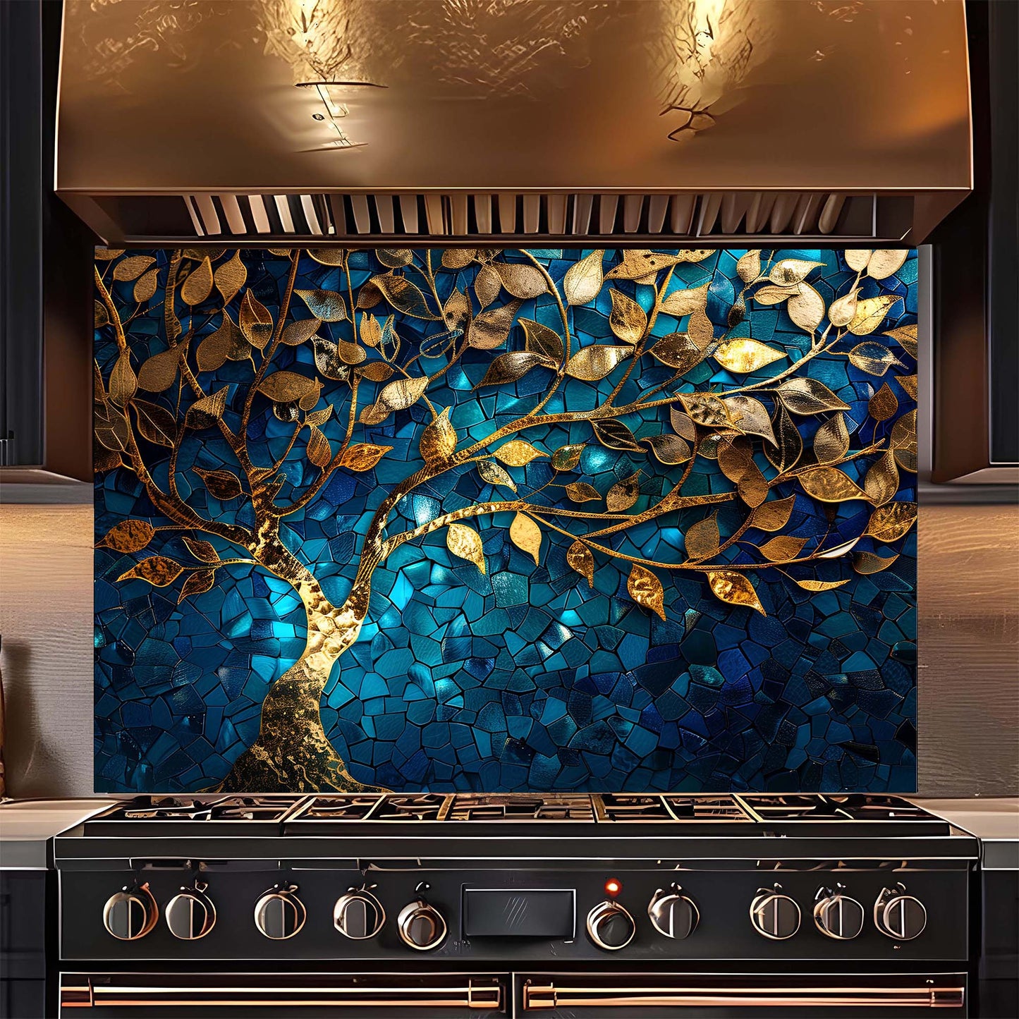 Stainless steel range hood with decorative glass panel featuring blue and gold tree design.