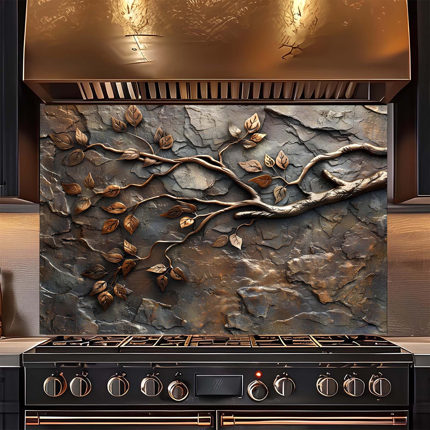 Stainless steel kitchen range with decorative backsplash featuring leaf patterns.