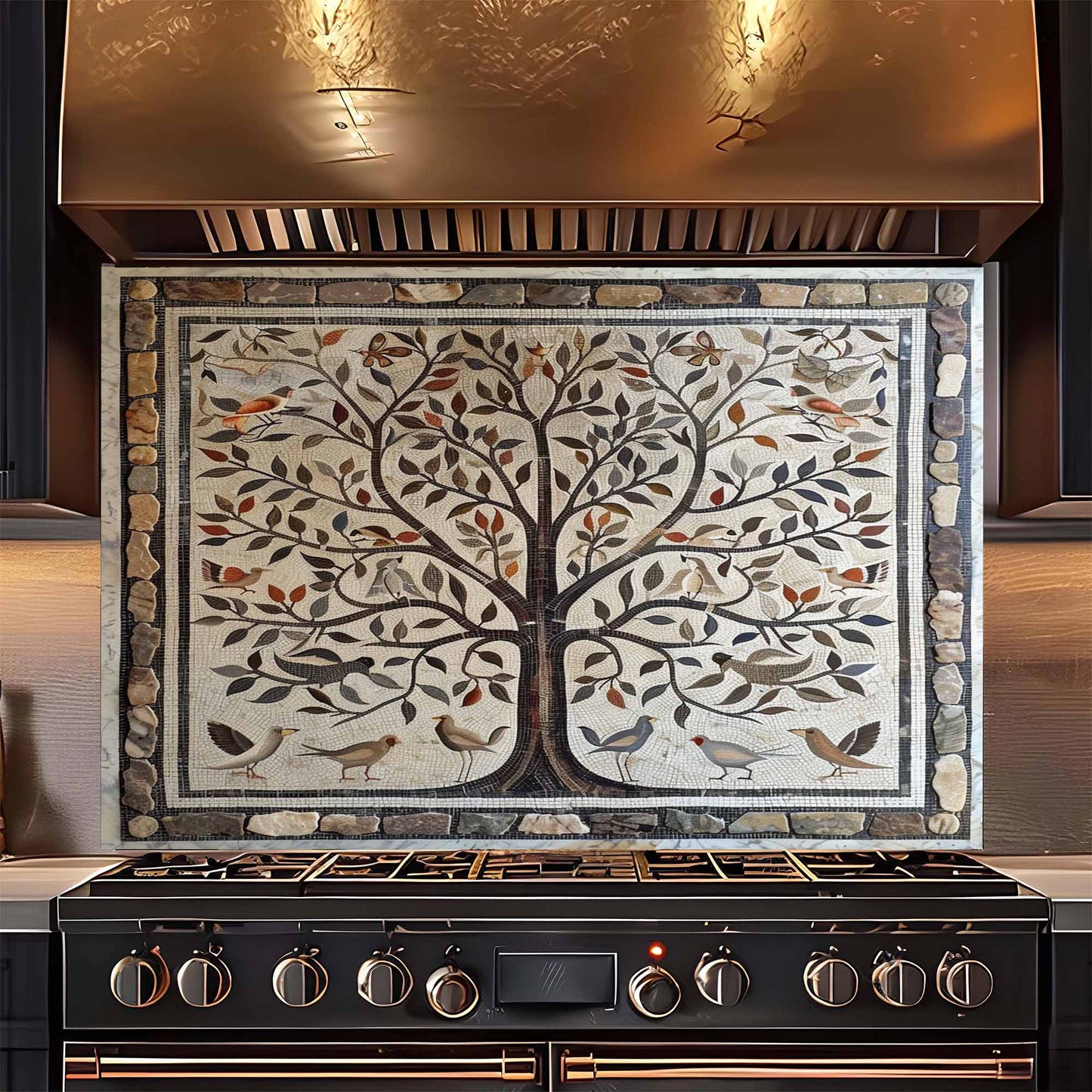 Decorative backsplash above a stove with a tree design and birds.