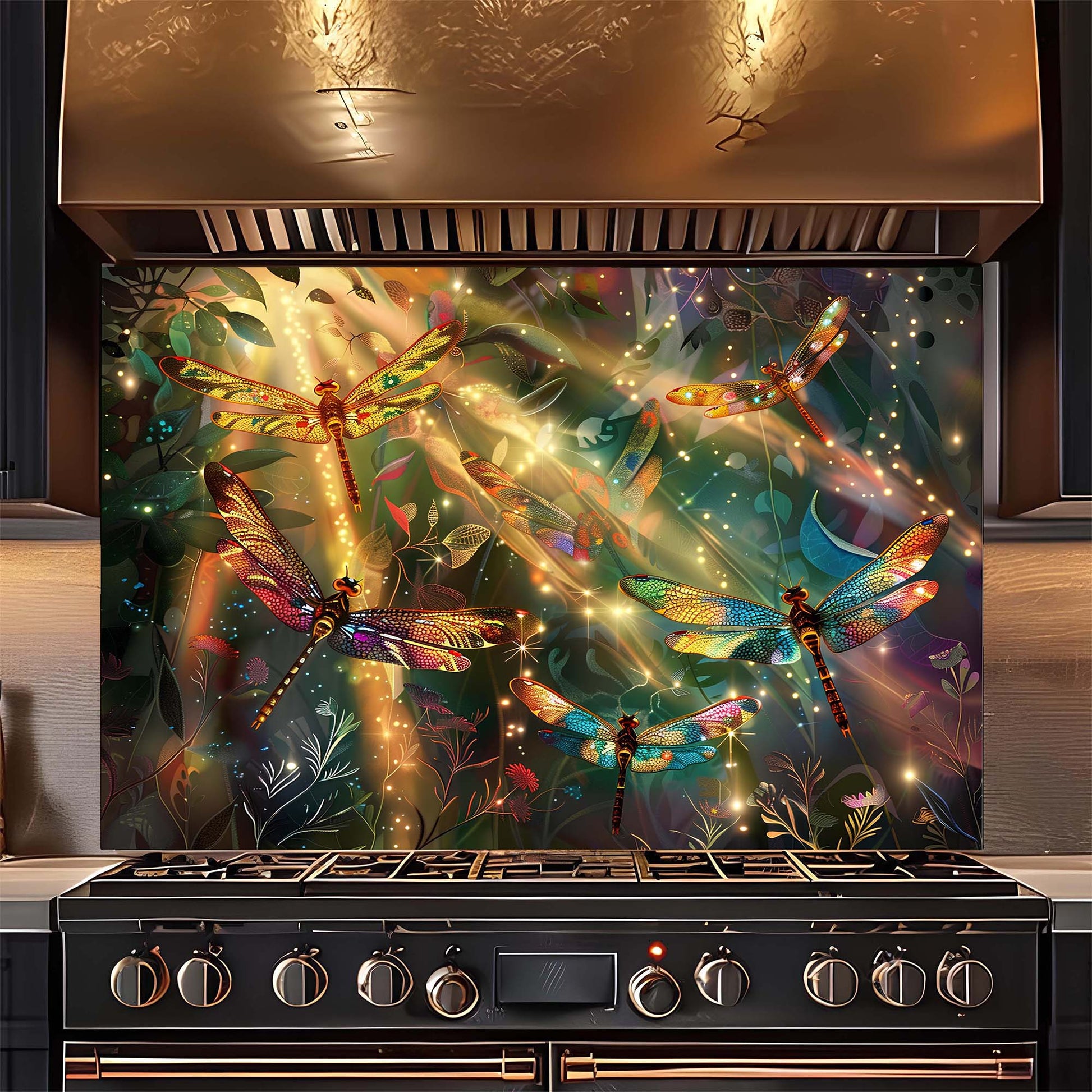 tempered glass backsplash with dragonly design
