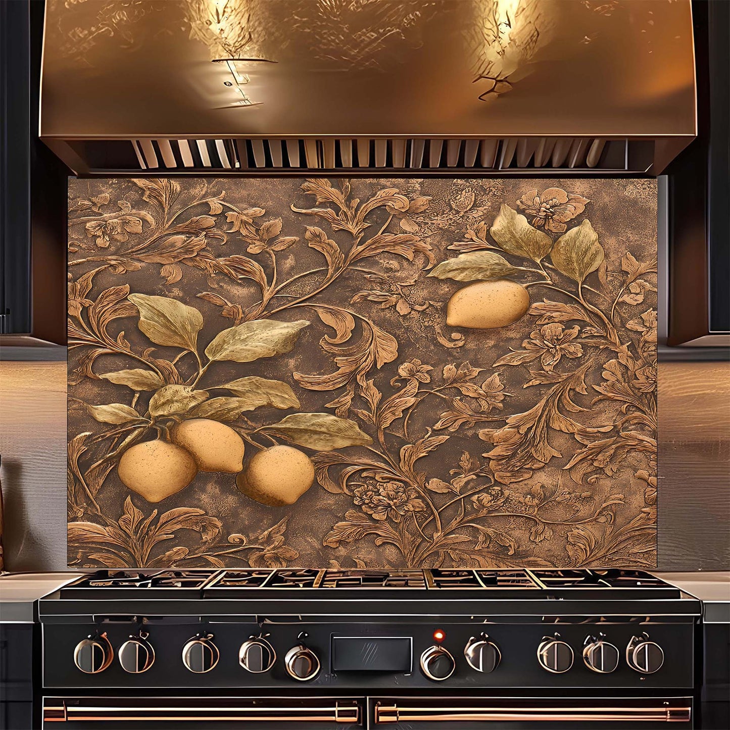 Decorative backsplash with floral and fruit design above a stove.