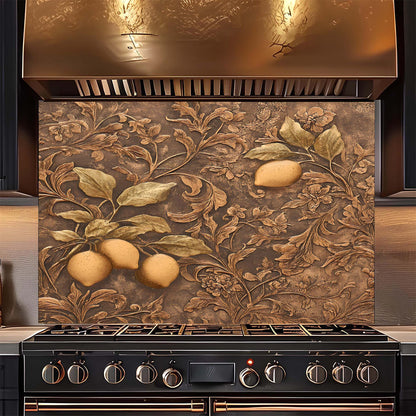 Decorative backsplash with floral and fruit design above a stove.