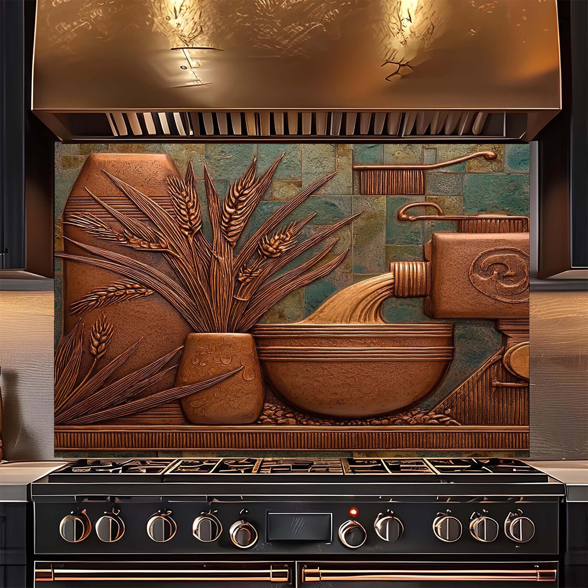 Decorative backsplash with artistic design featuring pots and plants above a stove.