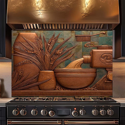 Decorative backsplash with artistic design featuring pots and plants above a stove.