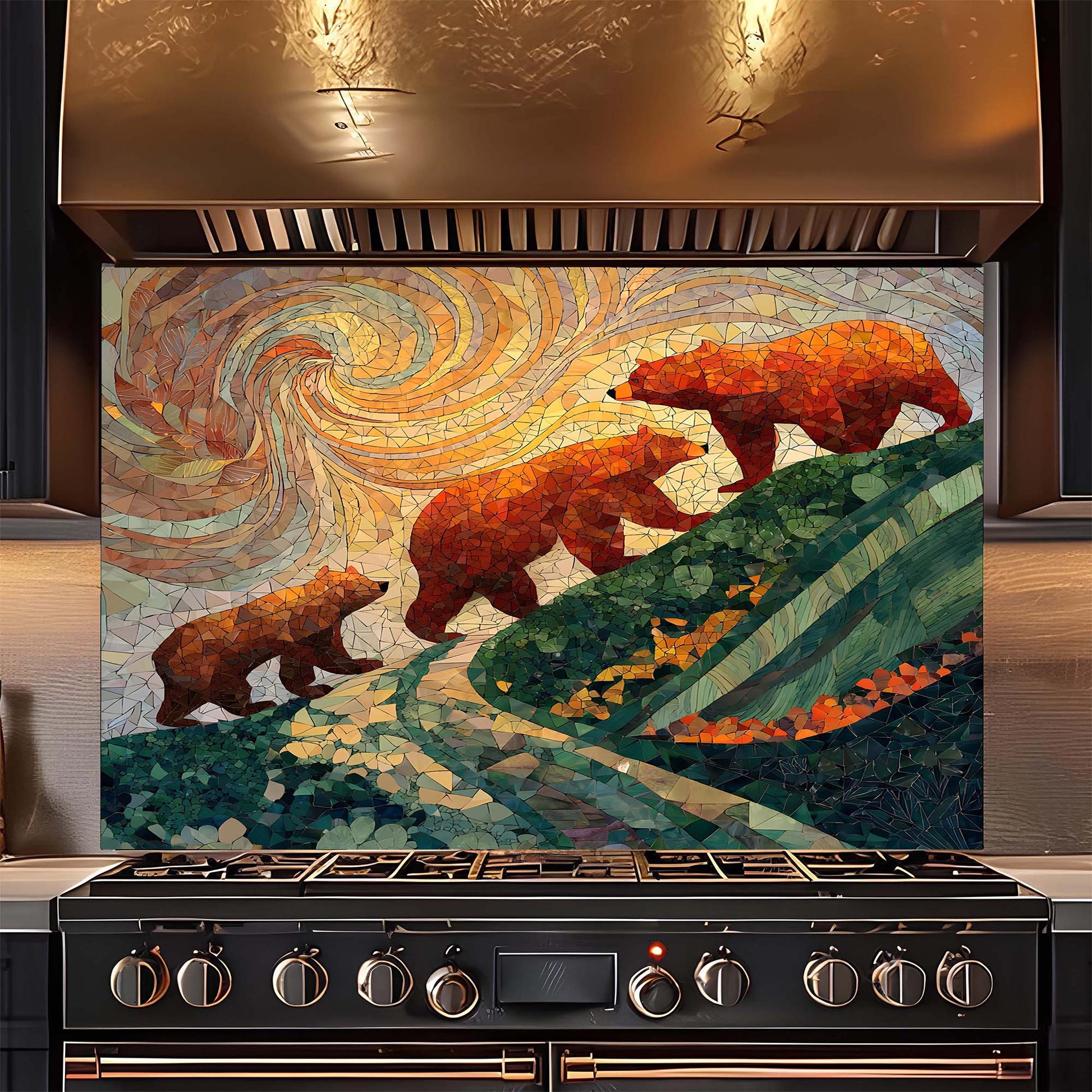 Decorative backsplash with bear design above a stove