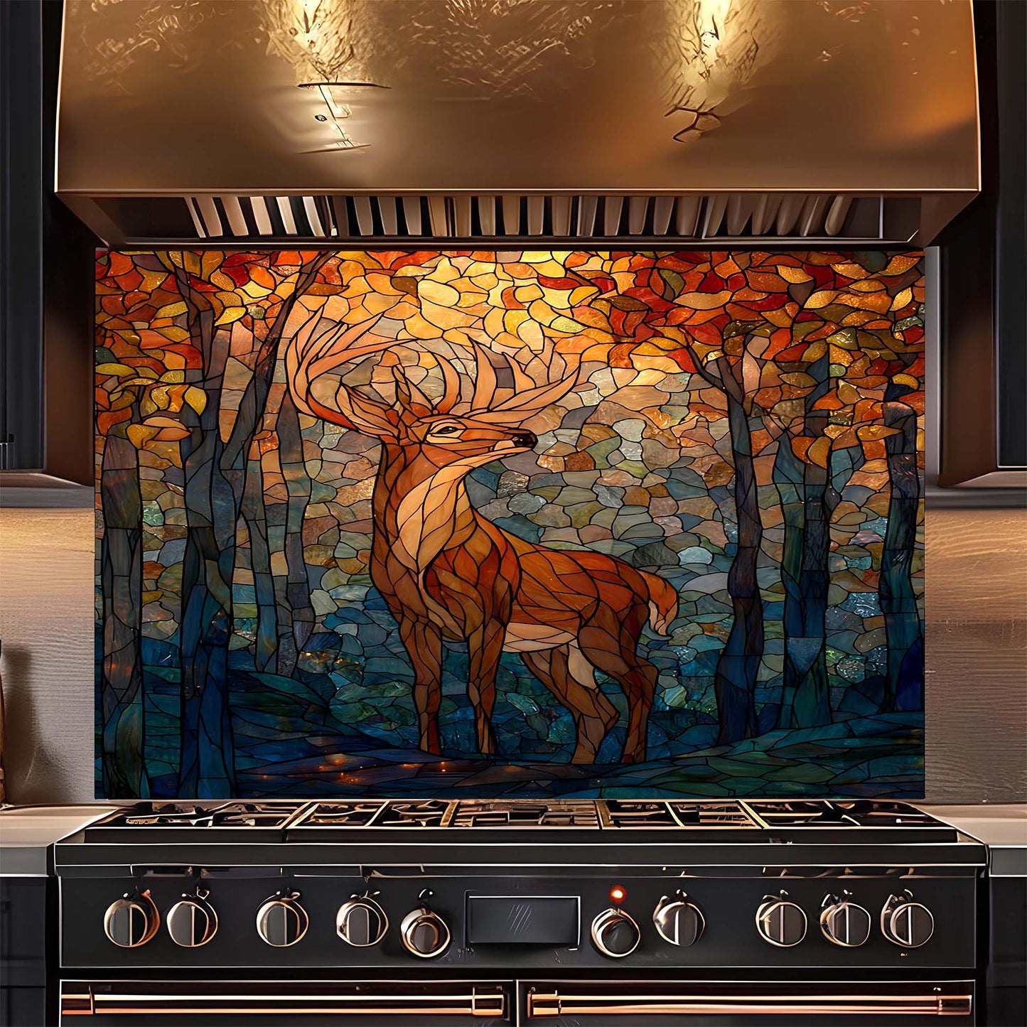 Stylized deer in a forest scene on a kitchen backsplash above a stove.