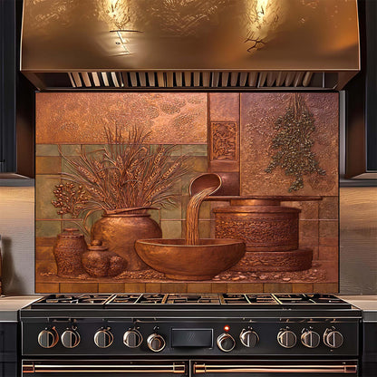 Decorative copper look glass backsplash with artistic design above a stove.