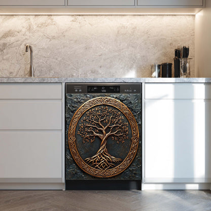 Dishwasher with decorative tree of life design in a modern kitchen.