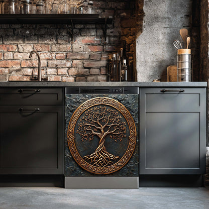 Decorative kitchen with stone wall and metallic tree emblem on a dishwasher magnet cover.
