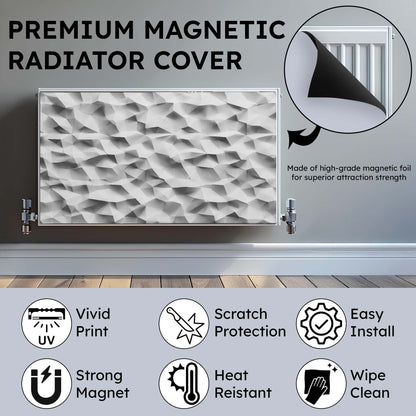 Premium magnetic radiator cover with features listed on a gray background