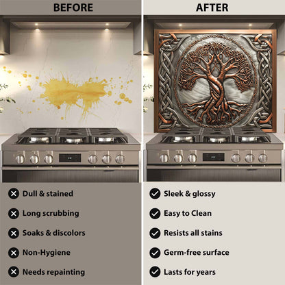 Celtic Tree of Life tempered glass backsplash featuring intricate knotwork in copper and steel tones, designed for kitchen and stove backsplash areas