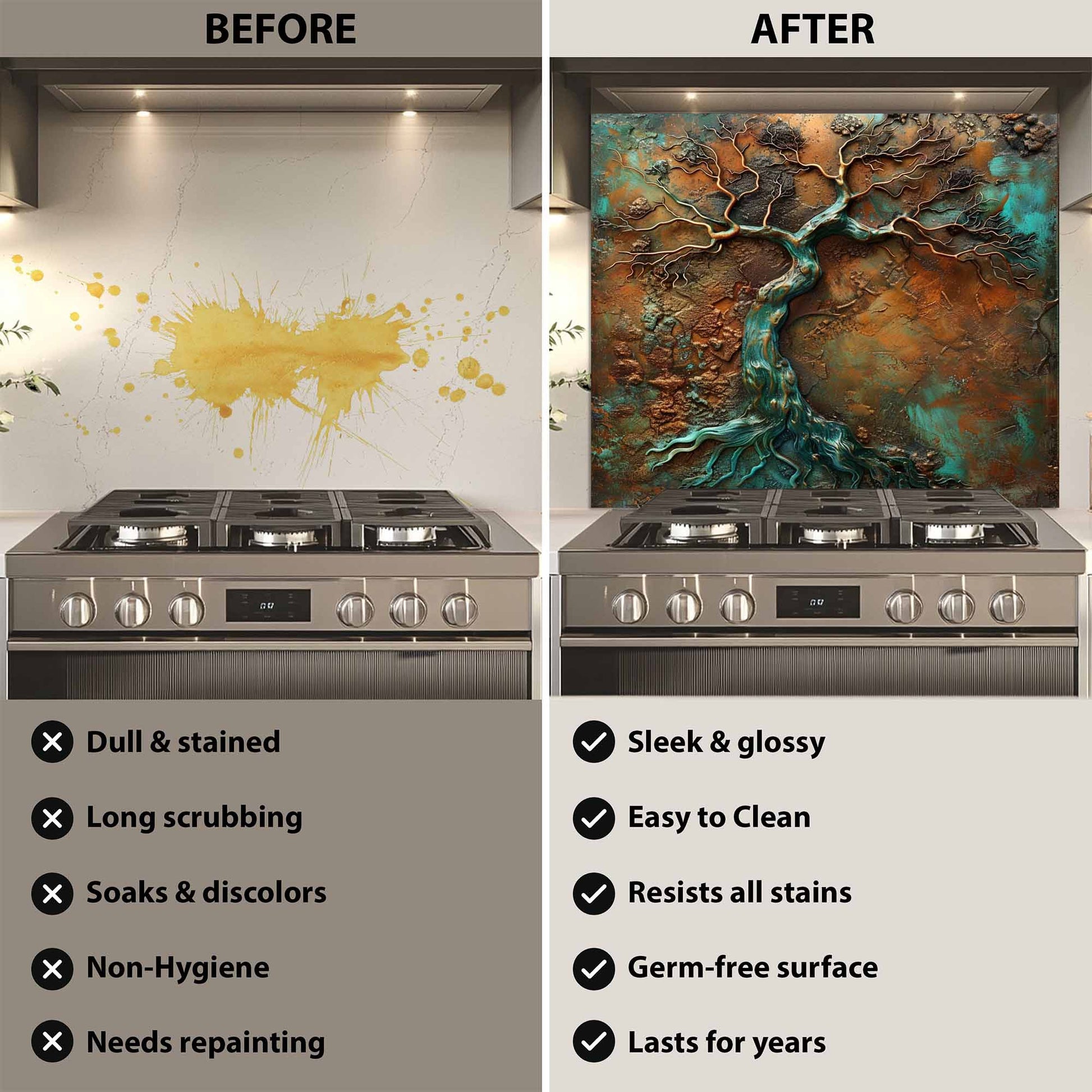 Before and after comparison of a kitchen stove with a decorative glass backsplash.