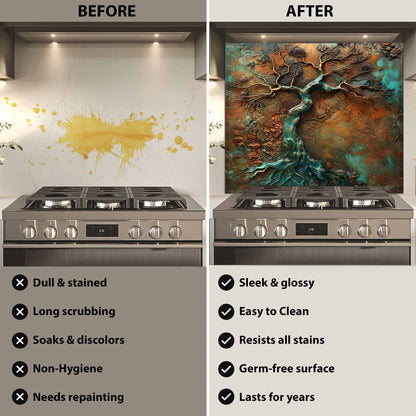 Before and after comparison of a kitchen stove with a decorative glass backsplash.