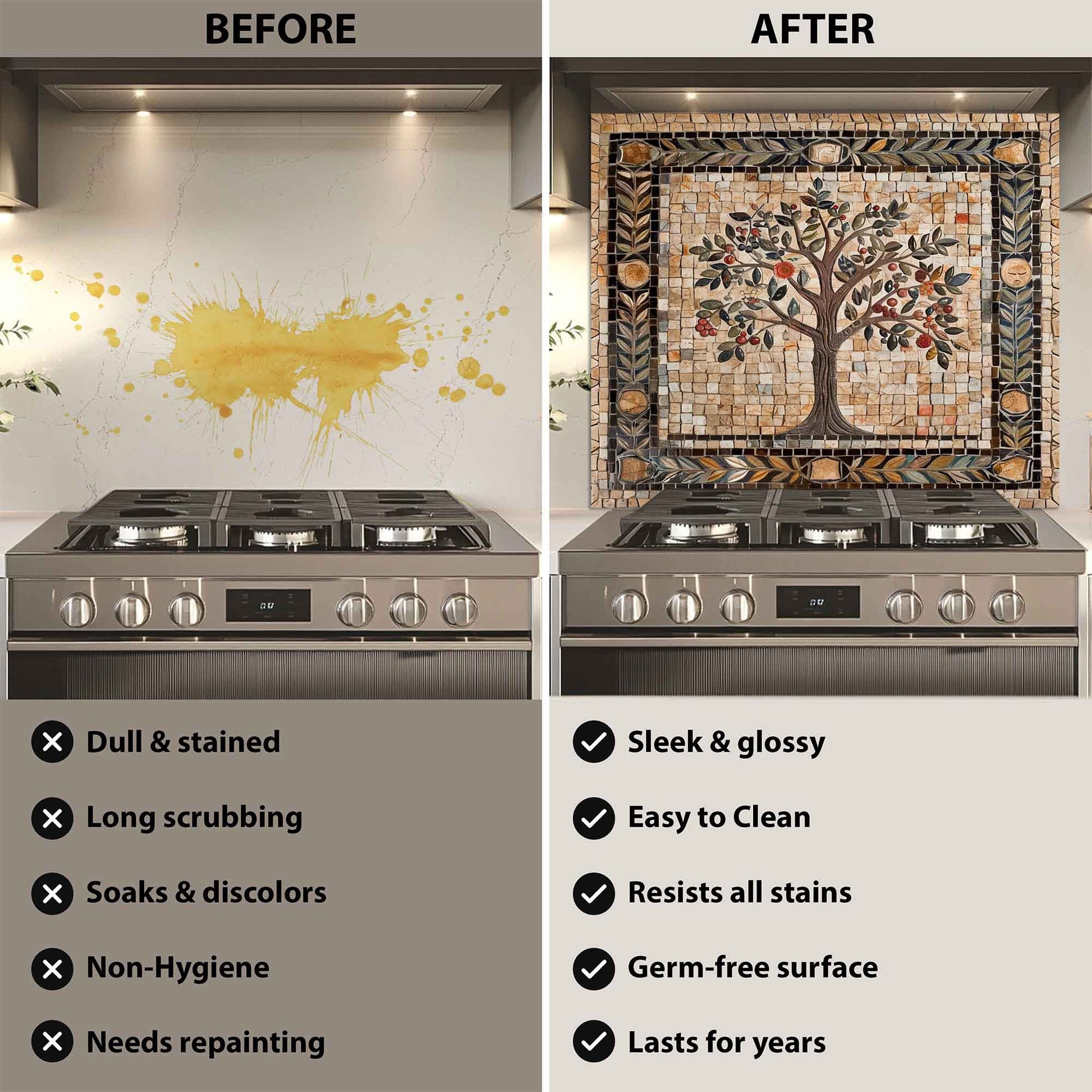 Before and after comparison of a kitchen stove with a decorative backsplash.